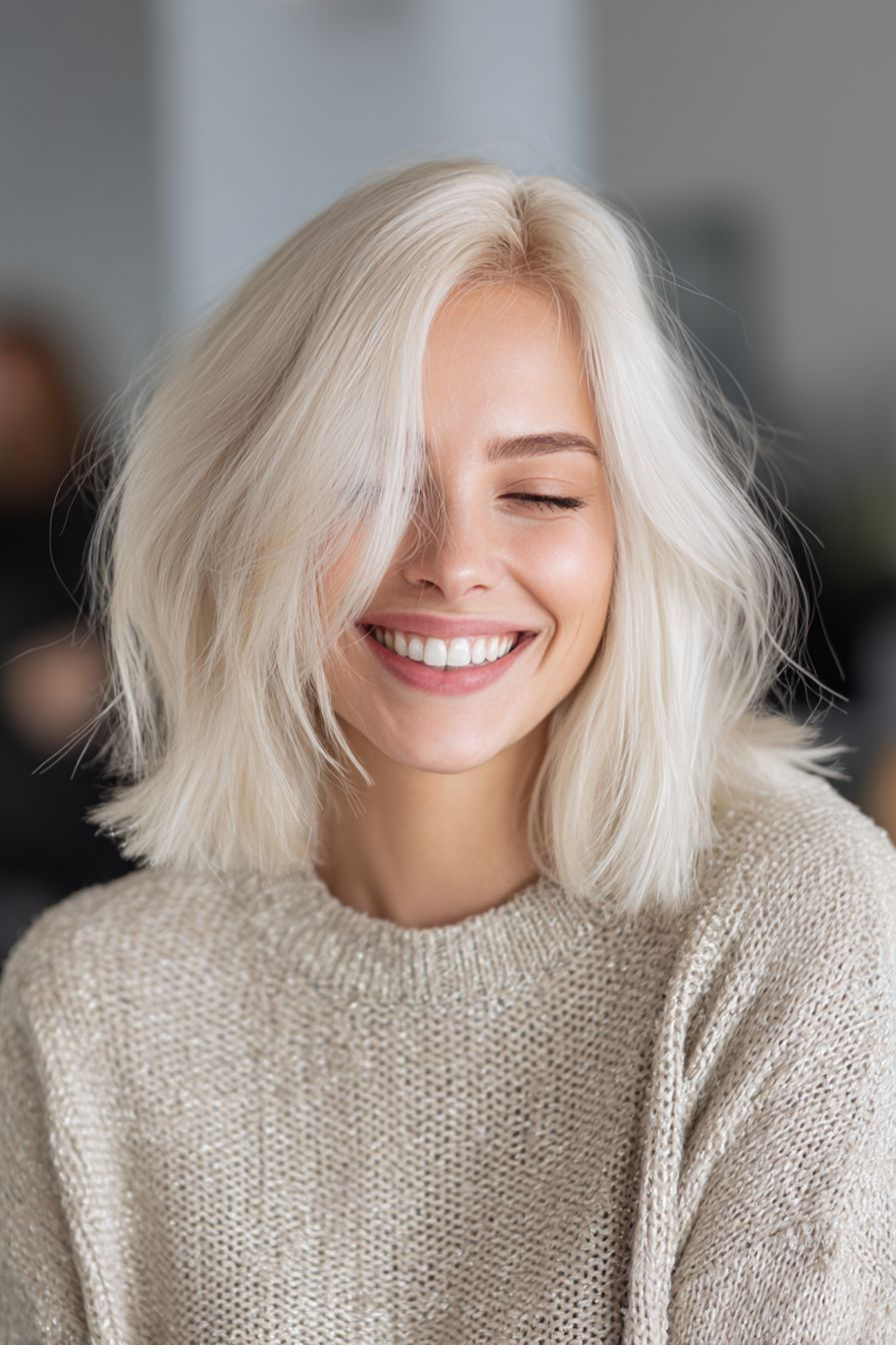 Bright platnium blonde with customised toning and glossy finish at The Edit Hair Salon Adelaide