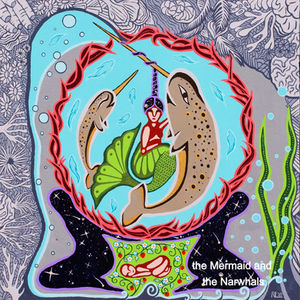 A colorful painting that depicts dead grey coral, with a  mermaid floating in a circle of red seaweed with narwhals flanking her. Two star people hold up the bubble holding the mermaid and narwhals with is burst by the narwhal tusk leaking water to the ground which sprouts strawberries and feeds a newborn baby.