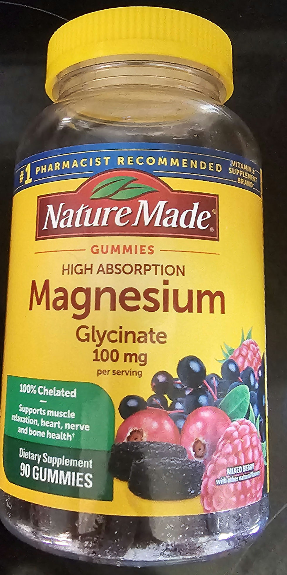 Nature Made High Absorption Magnesium Glycinate Gummies, offering 100 mg per serving, support muscle relaxation and overall health. Perfect for preventing muscle cramps and enhancing bone, heart, and nerve function. Enjoy in a tasty mixed berry flavor.