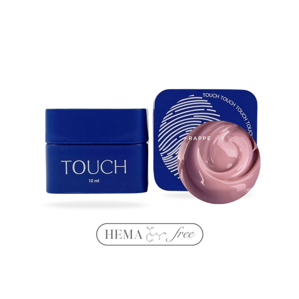 Blue TOUCH container; rose-gold cosmetic; HEMA-Free logo