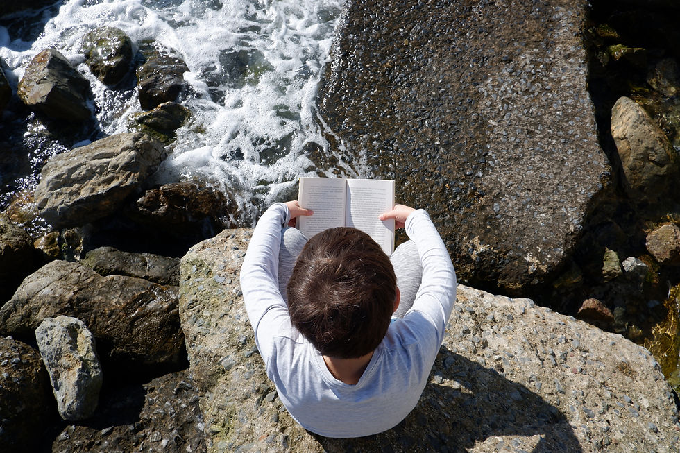 Top view of a 9-year-old boy sitting on a huge rock by the sea and reading a book while th