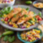 Passion Infused Eatery's Peachy Salsa Chicken Tenders presented on a bed of corn salad with additional cabbage and halved cherry tomatoes for added freshness and texture. The breaded chicken tenders are the centerpiece of the dish, offering a crispy exterior and tender interior. A delightful combination of flavors and textures, perfect for a satisfying meal. 