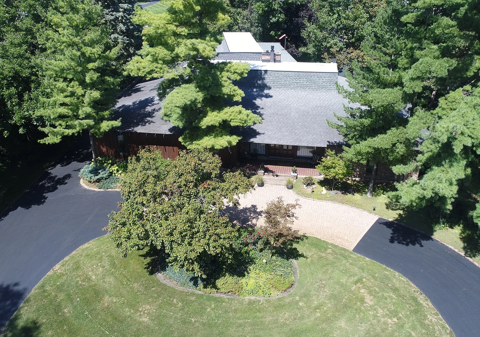 Aerial view of the house and circular drive