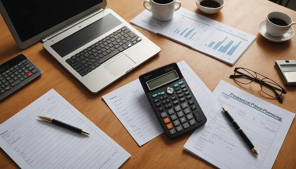 Workspace with financial documents and calculators, showcasing tools used in home loan calculations and financial planning.