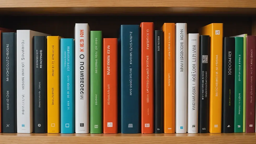 Eye-level view of a collection of eBooks on a wooden shelf