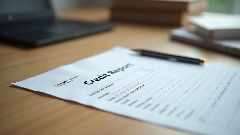 Eye-level view of a credit report document on a wooden desk