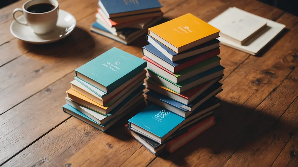 Eye-level view of a stack of colorful eBooks on a wooden table