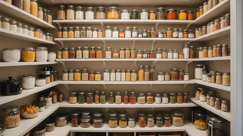 Wide angle view of a well-organized kitchen pantry filled with healthy keto foods