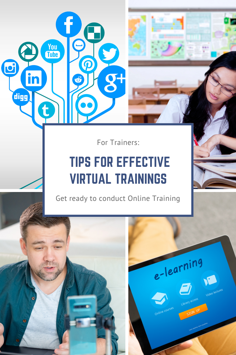 "For Trainers: Tips for effective virtual trainings. Get ready to conduct Online Training" is written in text in front of images of people studying virtually and a photo of a tablet.