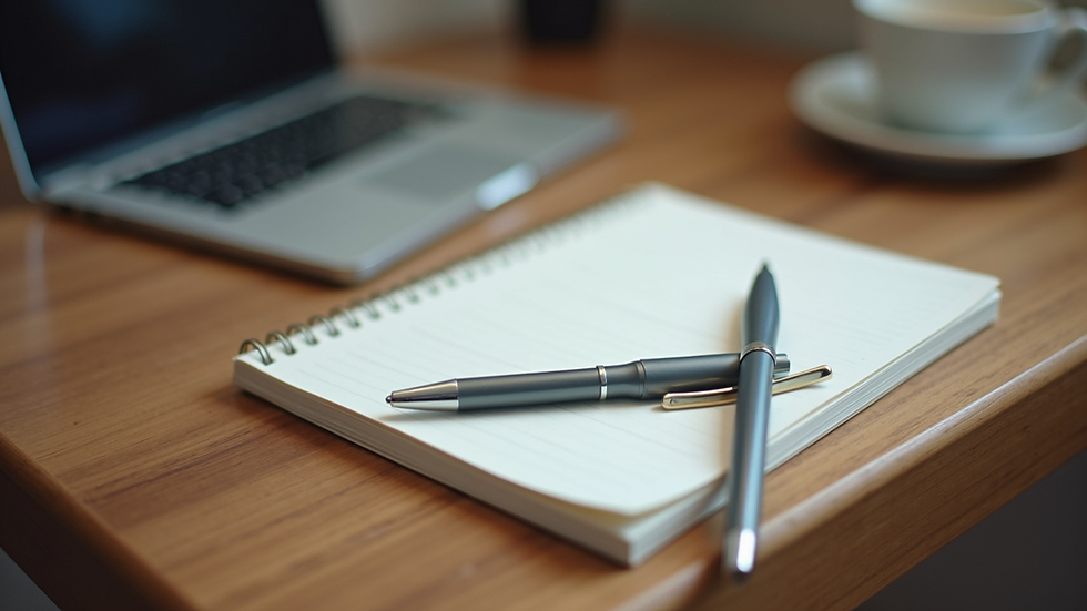 High angle view of two notebooks and pens on a wooden table