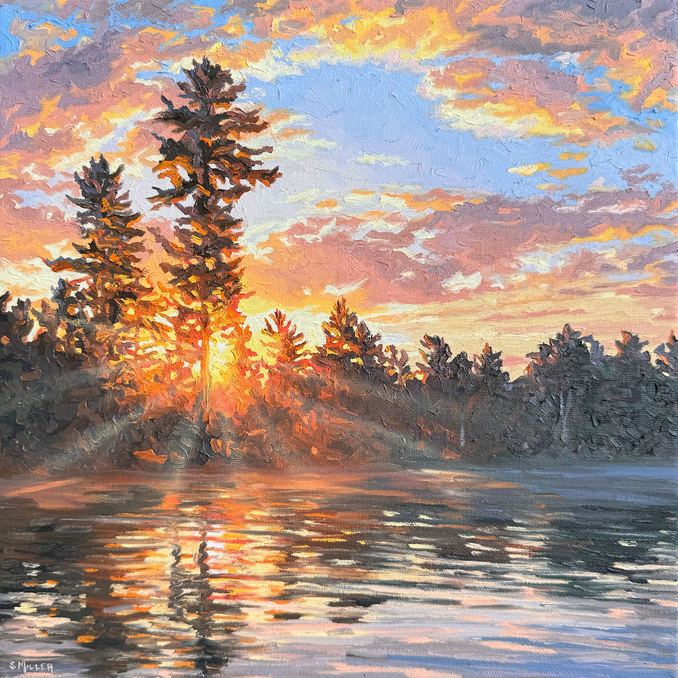 Sweeping Light original Canadian landscape painting by Sue Miller, 12 x 12 inch oil on canvas