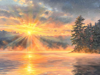Shimmer, an original oil painting by Canadian landscape artist Sue Miller, captures golden morning sunlight streaming through mist over a peaceful lake, with reflections shimmering on the water.
