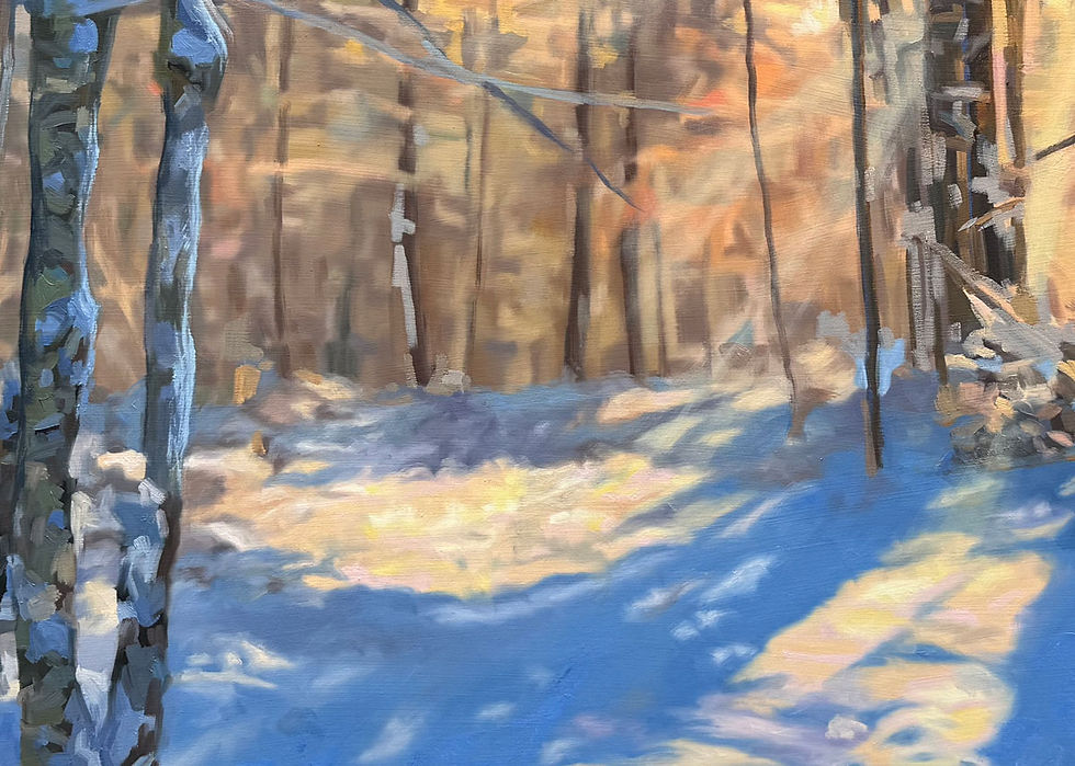 Detail of an original winter forest painting by Sue Miller, showing sunlight filtering through trees and casting blue shadows across the snow.