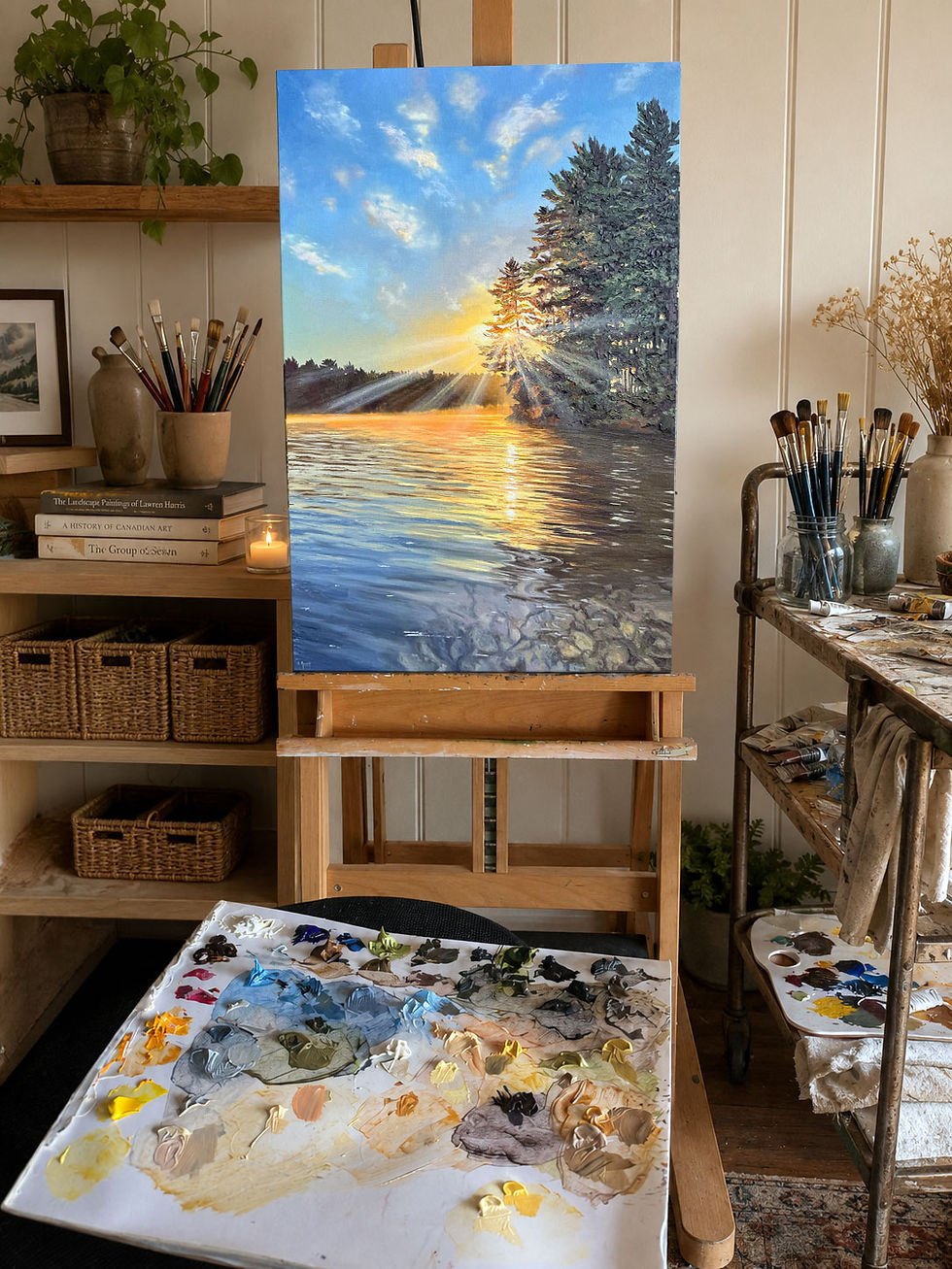 Living Waters on the easel, an original oil landscape painting by Ontario artist Sue Miller, inspired by an Ontario lake