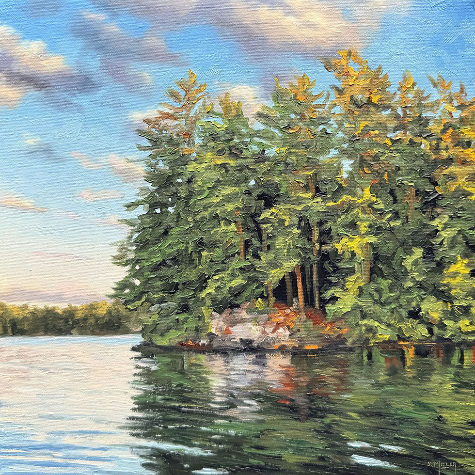 Original oil painting of morning light illuminating evergreen pines on a rocky shoreline reflected in the calm waters of a Canadian lake beneath a blue sky with soft clouds by Canadian artist Sue Miller.