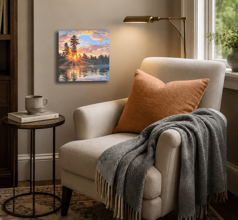 Sweeping Light in situ original Canadian landscape painting by Sue Miller, 12 x 12 inch oil on canvas