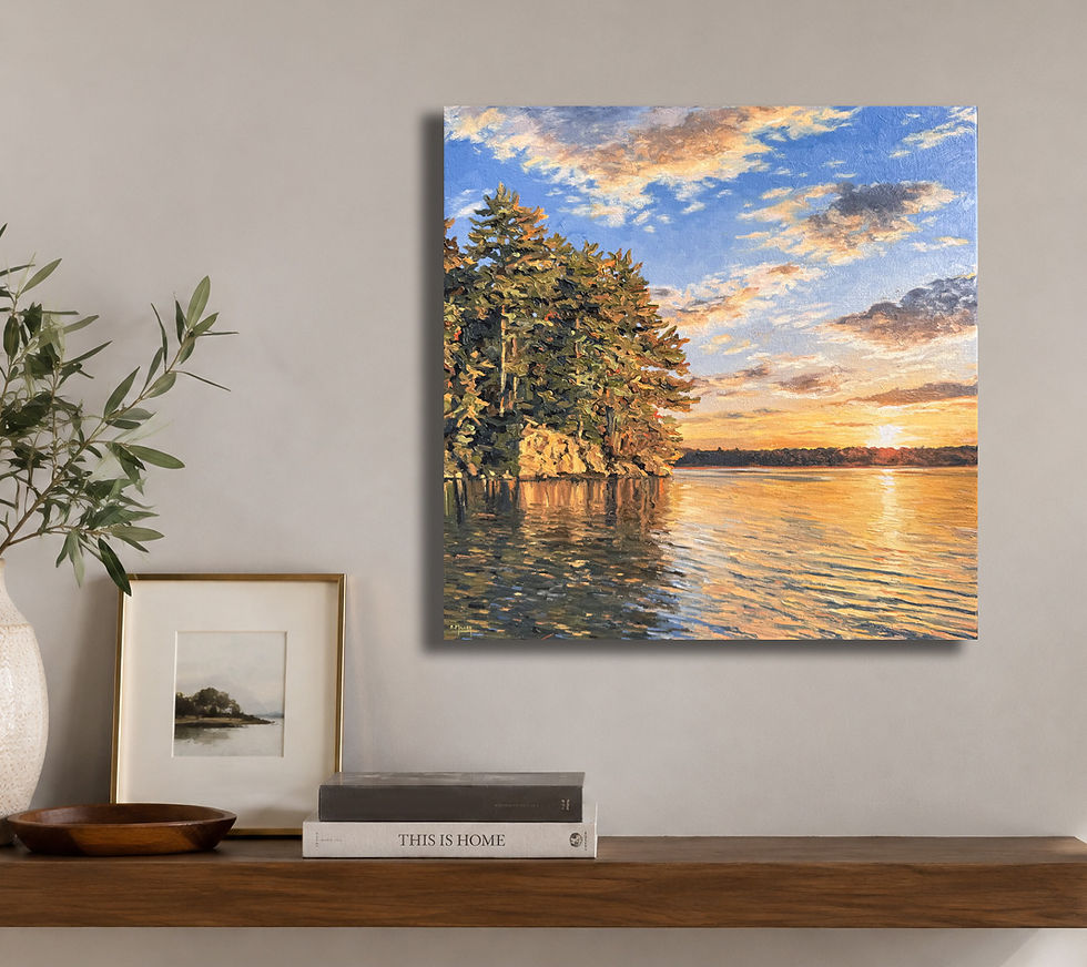 Almost Heaven – original Canadian landscape oil painting of a peaceful sunrise over a calm lake with glowing trees and shoreline rocks.