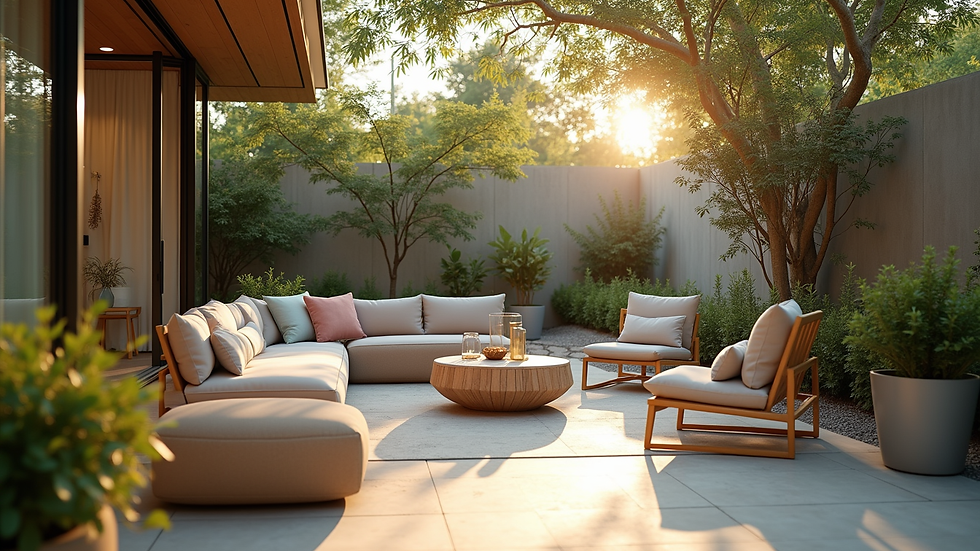 Eye-level view of a serene outdoor workspace with comfortable seating