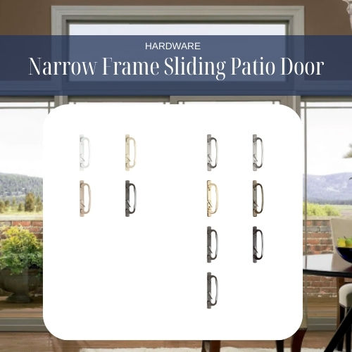 Narrow frame sliding patio door hardware options with modern, minimalist handles