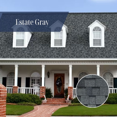 Estate Gray architectural shingles installed on a traditional home roof with a timeless gray finish