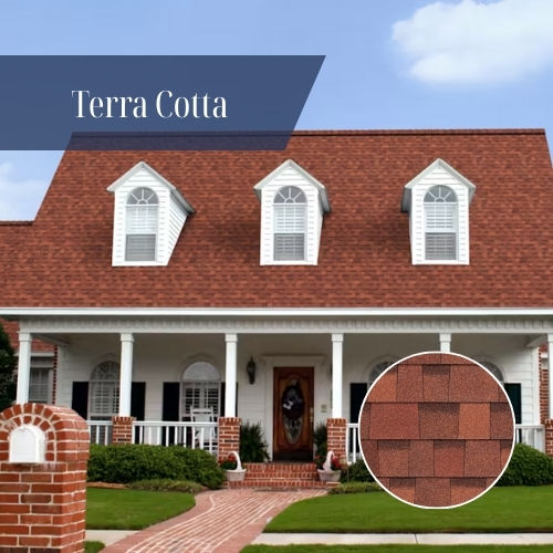Terra Cotta colored architectural shingles on a residential home exterior showcasing warm, classic roofing tones