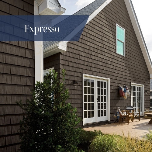 Espresso vinyl shake siding on a residential home, dark brown siding option for Rhode Island houses