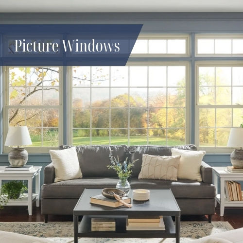Large picture window installation in Rhode Island living room, fixed window designed to maximize natural light