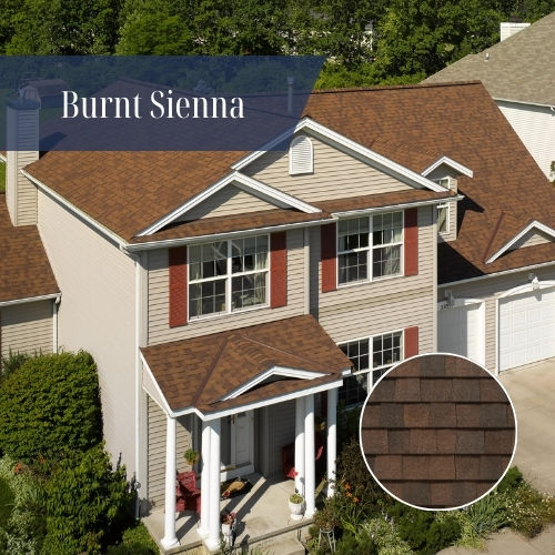 Burnt Sienna colored asphalt shingles installed on a two-story home