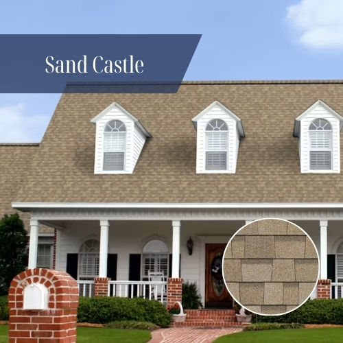 Sand Castle colored roofing shingles on a residential home offering a soft tan, coastal-inspired appearance