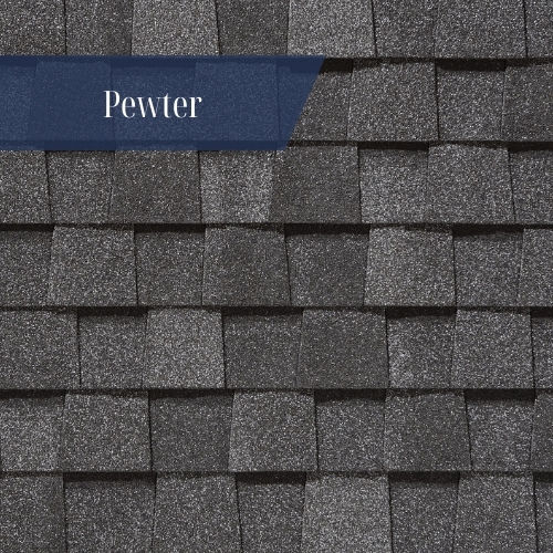 Close-up view of Pewter architectural asphalt shingles texture and color