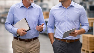 Two men walking through a warehouse