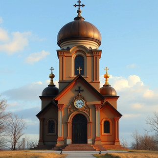 Iberian Mother Of God church stands in the sunlight against the blue sky background.