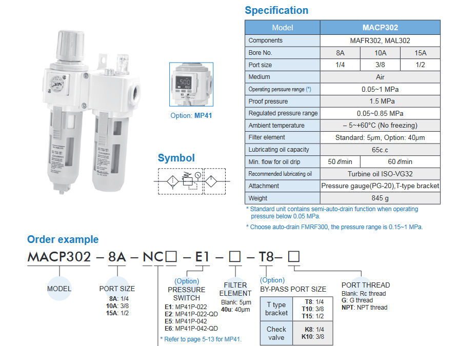 Miniature : FRL MACP302-10A-D-G  avec manomètre et Equerre de fixation