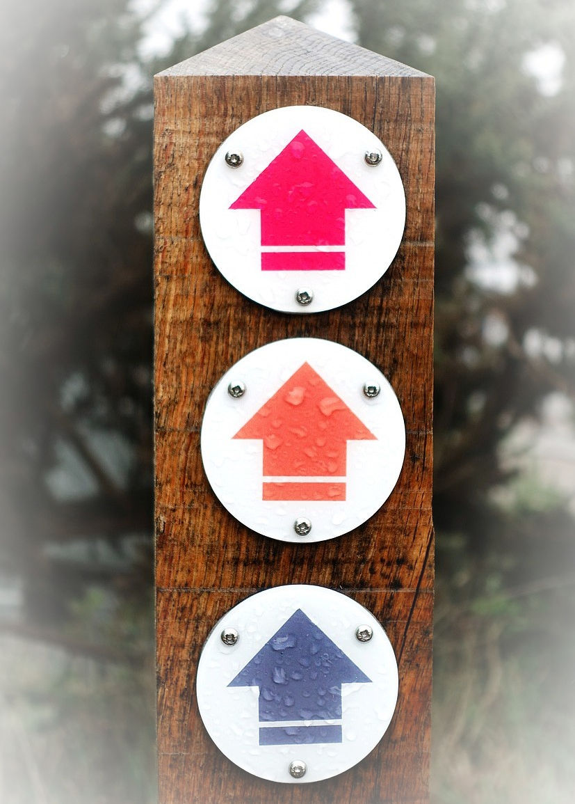 Photo: three arrows pointing upward, on a wooden post outdoors, bottom arrow is blue painted on a white circle, middle arrow is orange painted on white circle, and top arrow is red painted on white circle, image by Andrew Martin, on Pixabay, slightly modified.