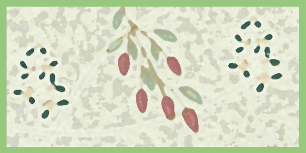 Early spring flora, looks kind of like needlepoint, red maple buds, some bits of dark greenery, and a border of soft spring green, image by Dung Tran, on Pixabay, modified.