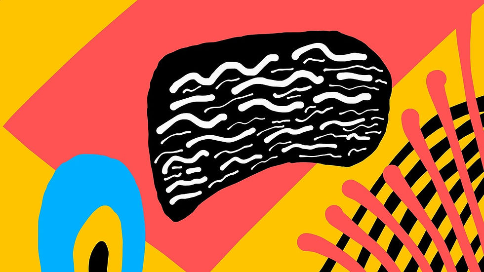Abstract art: bold colors, reddish-orange, yellow, blue, black, and white, in stripes, curves, circle, rectangle, and squiggly lines, image by Saiful Anwar, on Pixabay.