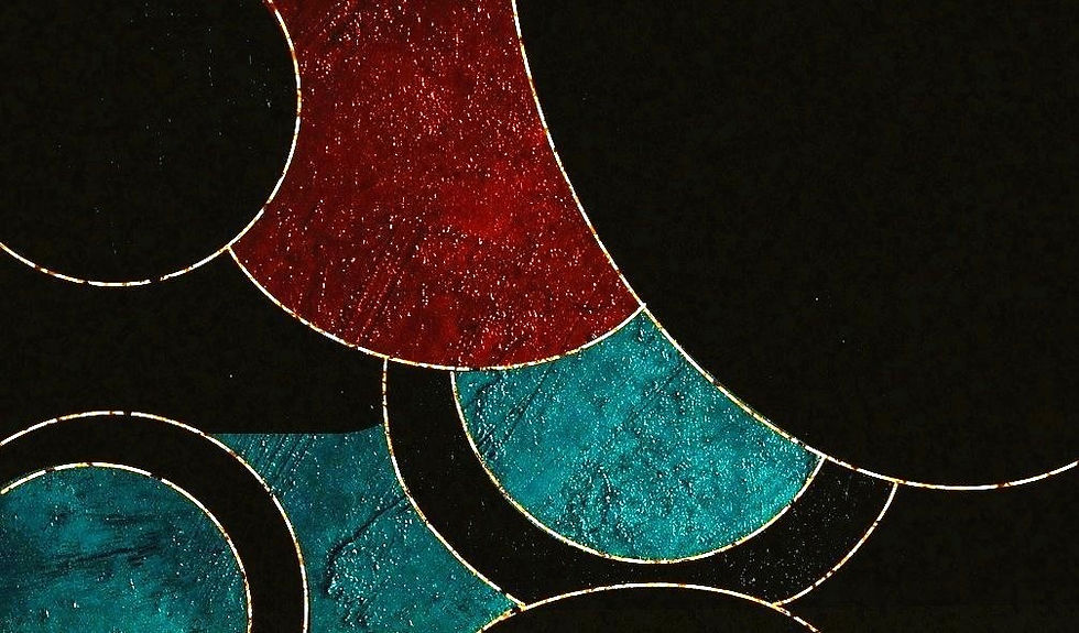 Abstract image of large circles, black, rich teal, and ruby red, the circles outlined in silvery white, image by Teresa, on Pixabay, modified.
