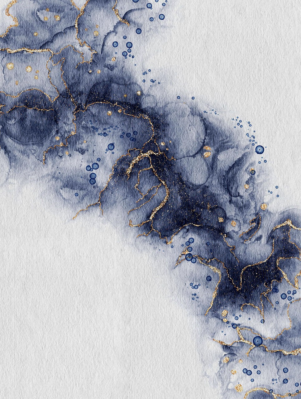 Abstract art: looks like a splash of blue ink, diagonally across the canvas, upper left to lower right, steel blue and a
lighter blue with gold marbling effect, on a light grey background, image by Teresa, on Pixabay.