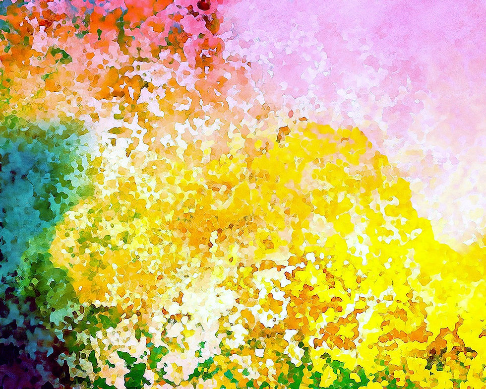 Art piece: bright clumps of color, yellow, red, green, and light purple-pink, looks like hydrangea flowers, image by Heather Williams, on Pixabay.