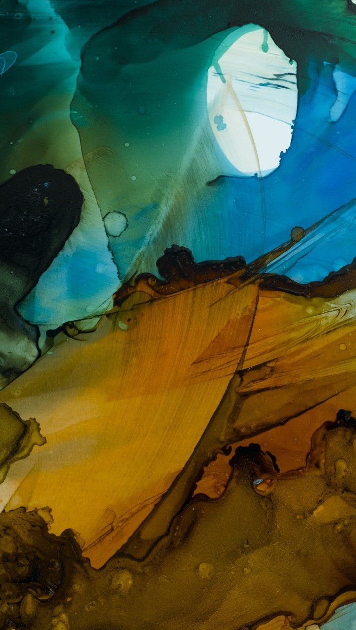 Abstract painting, white oval object in a rather dark blue and green sky above a landscape of light browns and dark browns, image by edith lüthi, on Pixabay, modified.