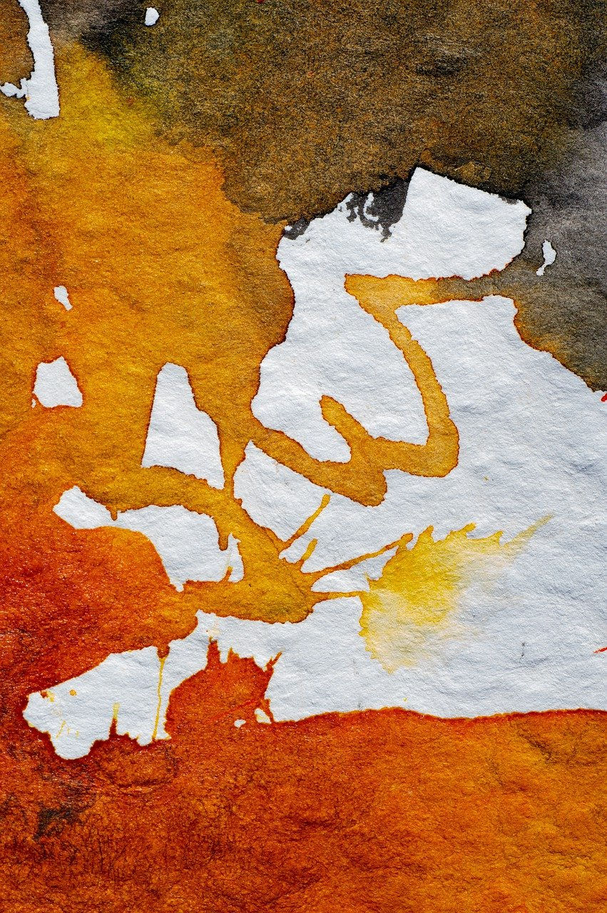 Abstract painting: loops of paint, large sections of brown, of gold, of red-orange, and of white, with yellow and red splashes on the white, image by edith lüthi, on Pixabay.