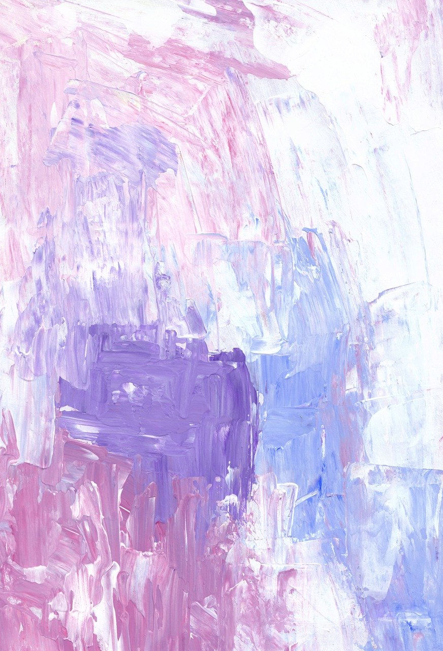 Abstract painting, soft colors, purple, rose, and pink streaks, looks like a waterfall spilling down over a rectangular purple rock, image by Kseniya Lapteva, on Pixabay.