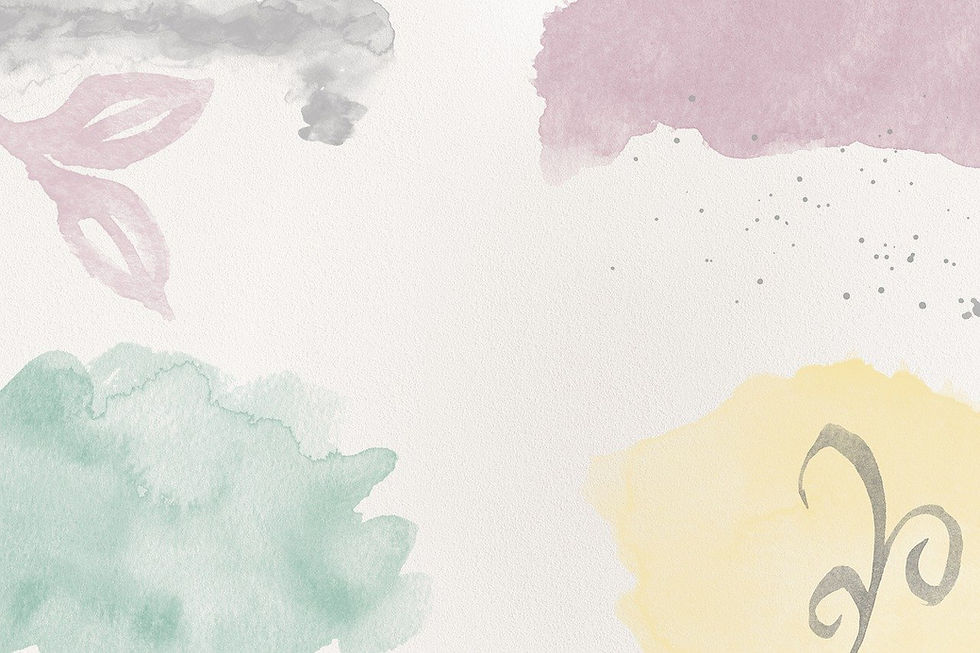 Abstract art: watercolor painting, soft colors, slightly blurry, looks like a cloud in each corner: gray, pink, yellow, and green, plus two pink leaves, a gray plant with curled leaves, all on a sand-colored backdrop, and tiny gray sprinkles falling from the pink cloud, image by Heba S, on Pixabay.
