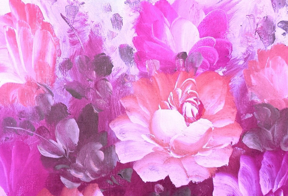 Painting: bright pink, purple, and coral flowers fill the frame, image by DWilliam, on Pixabay, modified