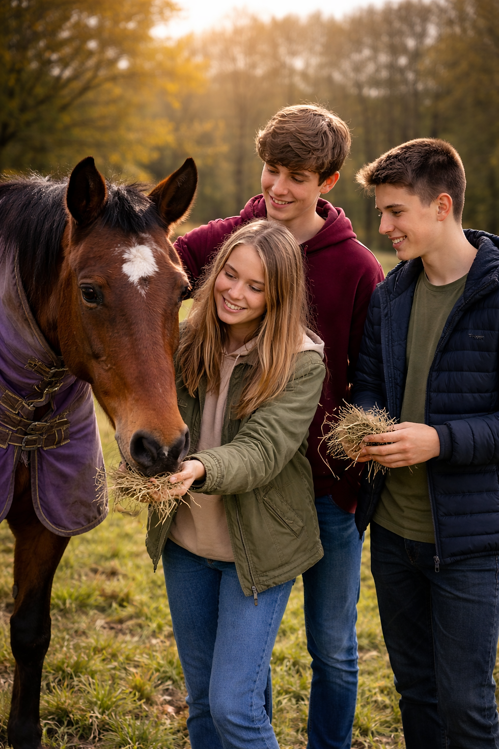 Teenagers feeding a horse in sunshine.png