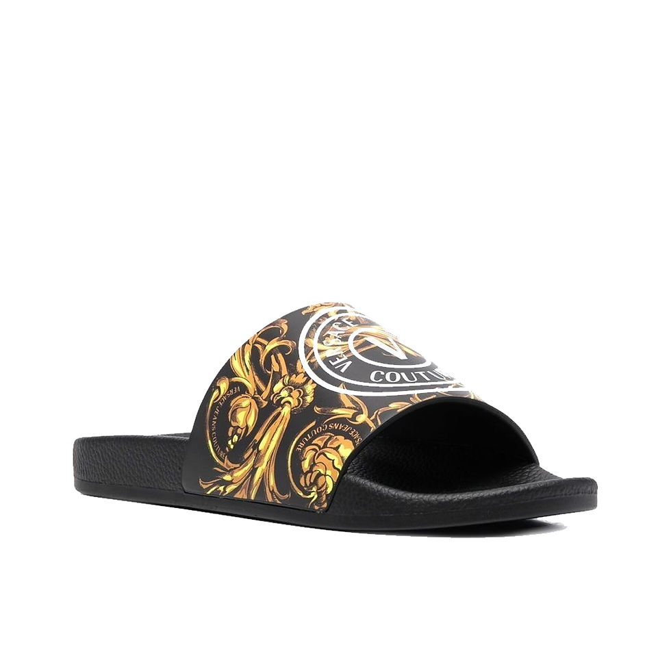 VERSACE JEANS COUTURE GRAPHIC-PRINT SLIP-ON SLIDES BLACK/GOLD