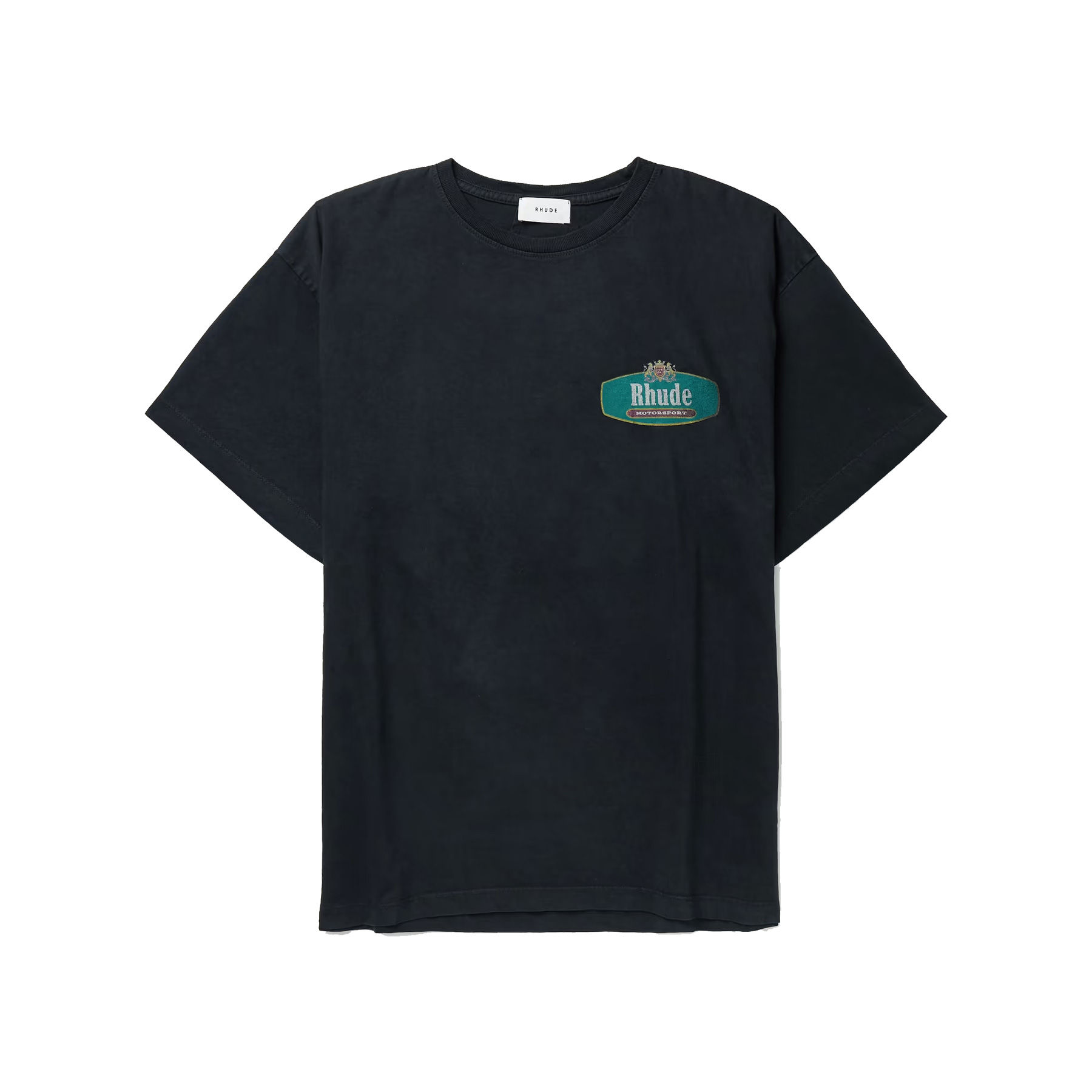 RHUDE RACING CREST LOGO-PRINT COTTON-JERSEY TEE IN VINTAGE BLACK