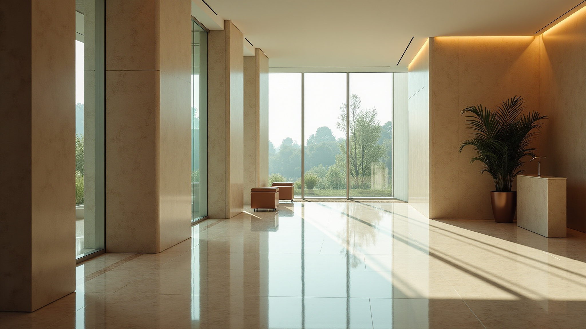 Modernes Gebäude-Innenraum, helle Lobby mit Aussicht