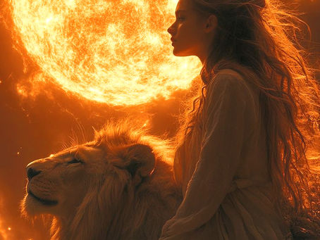 A woman of fire and a lion share a sacred silence beneath a blazing sun. The Lioness does not bow to pain — she transforms it. She no longer waits... now she burns with purpose.
