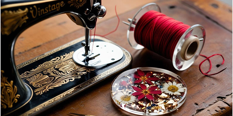 schwarze Nähmaschine mit gold Details, rote Nähgarnrolle und ein Untersetzter mit Blumen aus Epoxidharz gegossen, die auf einen Holztisch liegen